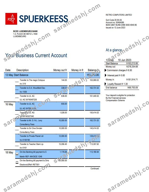 BCEE Luxembourg Bank firm account statement Word and PDF template